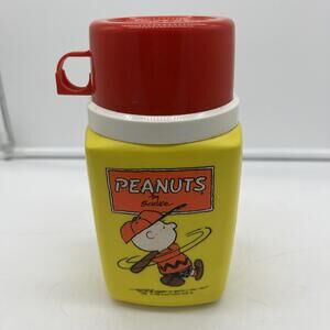 Vintage Peanuts By Shultz Charlie Brown Baseball 8 oz King-Seely Thermos READ